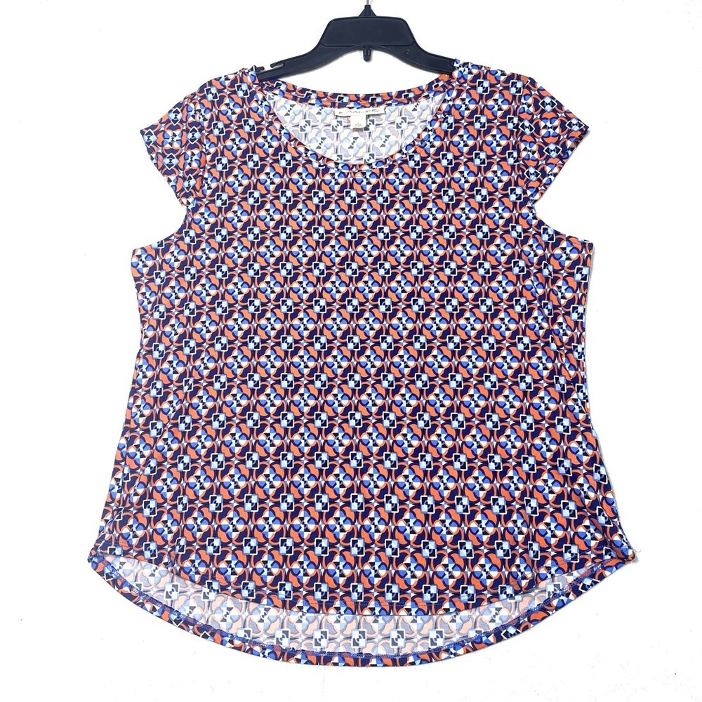 Emaline Geometric Blouse Womens L Blue Orange Cap Sleeve Round Neck Pullover Top